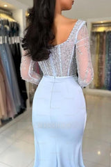 Chic Sky Blue Mermaid Scoop Beaded Long Sleeves Split Front Satin Prom Evening Dresses With Sequins