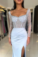 Chic Sky Blue Mermaid Scoop Beaded Long Sleeves Split Front Satin Prom Evening Dresses With Sequins