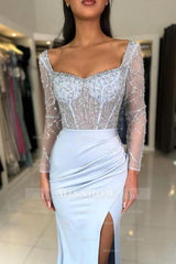 Chic Sky Blue Mermaid Scoop Beaded Long Sleeves Split Front Satin Prom Evening Dresses With Sequins
