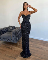 Chic Sleeveless Mermaid Beading Spaghetti Strap Black Formal Dress