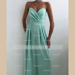 Chic Spaghetti Strap Sleeveless Mint Green Pleated Jump Suit