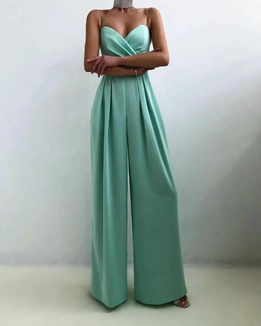 Chic Spaghetti Strap Sleeveless Mint Green Pleated Jump Suit