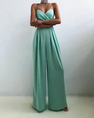 Chic Spaghetti Strap Sleeveless Mint Green Pleated Jump Suit