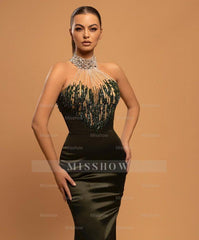 Chic Stain Halter Sleeveless Mermaid Pleated Long Formal Dress with Beadings