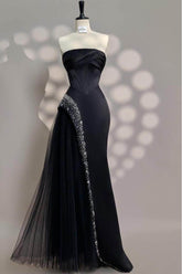 Chic Strapless Sleeveless Long Formal Dress With Beading Tulle