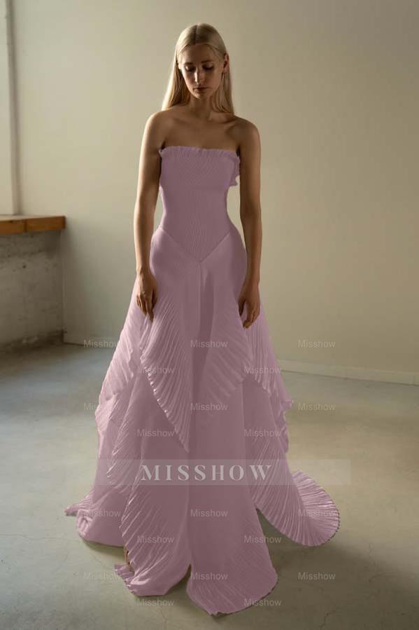 Chic Strapless Sleeveless Long Formal Dress With Ruffles Pleated