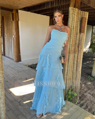 Chic Strapless Sleeveless Long Pleated Formal Dress With Ruffles