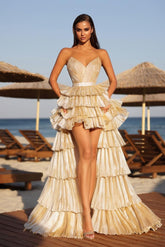 Chic Strapless Sleeveless V Neck Ruffles Formal Dress With Detachable Skirt