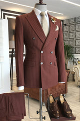 Chic Terracotta Double-Breasted Striped Peaked Lapel Business Suit