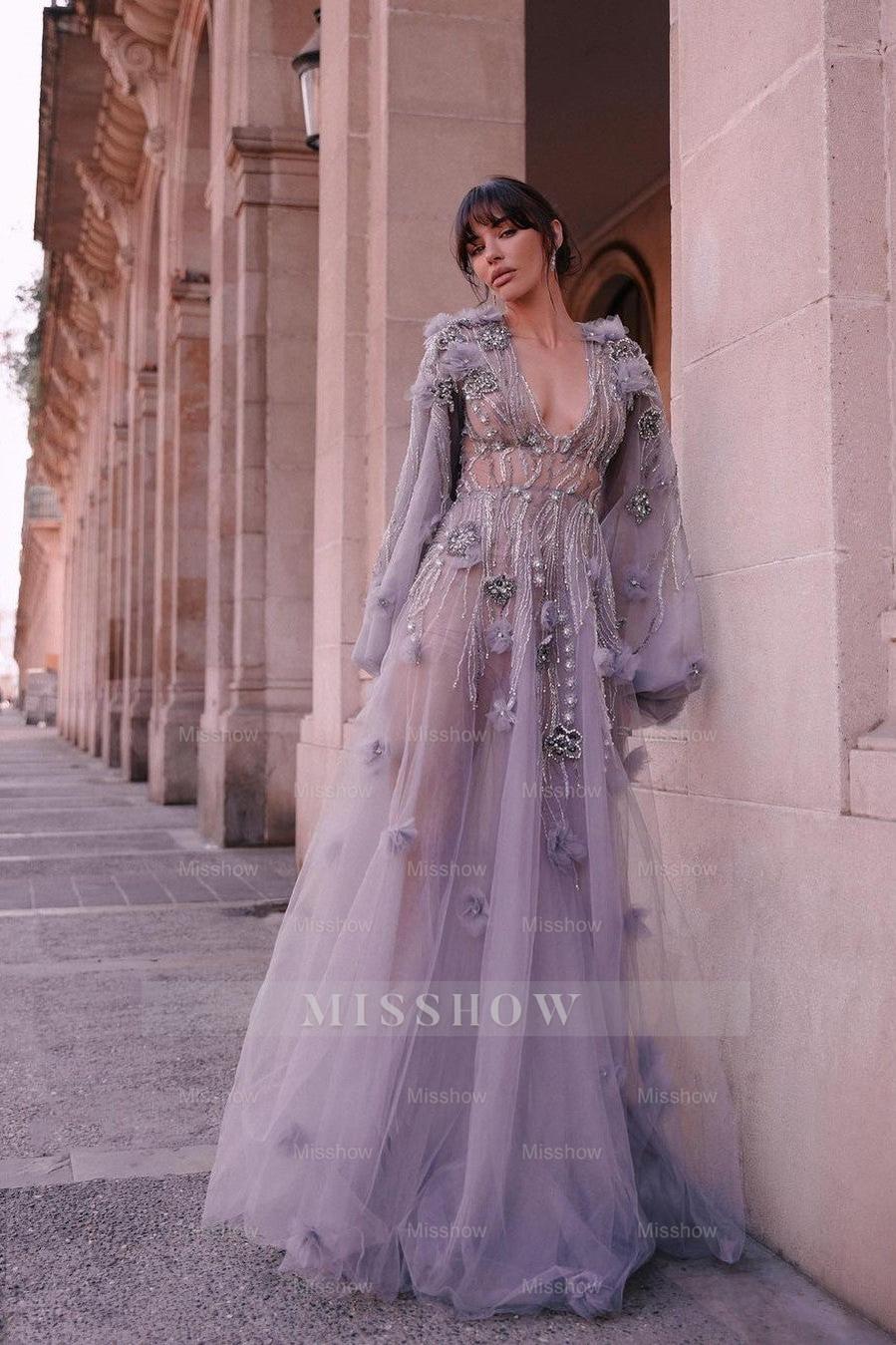 Chic Tulle Long Sleeves Deep V Neck Beadings Long Formal Dress With Appliques