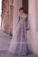 Chic Tulle Long Sleeves Deep V Neck Beadings Long Formal Dress With Appliques