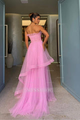 Chic Tulle Strapless Sleeveless Long Formal Dress With Pleated