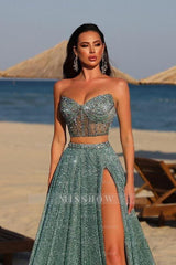 Chic Two Pieces Strapless Sleeveless Long Split Formal Dress With Beadings