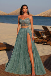 Chic Two Pieces Strapless Sleeveless Long Split Formal Dress With Beadings