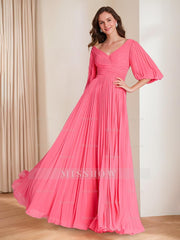 Chic V-Neck A-Line Princess Dress with 3/4 Sleeves and Pleated Chiffon for Mothers of the Bride & Groom
