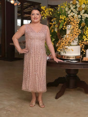 Chic V-Neck Column Sequined Sleeveless Mother of the Bride Tea-Length Plus-Size Wedding Guest Dresses