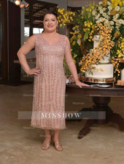 Chic V-Neck Column Sequined Sleeveless Mother of the Bride Tea-Length Plus-Size Wedding Guest Dresses