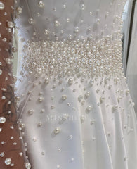 Chic White A-Line Sleeveless Beaded Chapel Train Satin Wedding Dress With Pearls