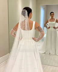 Chic White A-Line Sleeveless Beaded Chapel Train Satin Wedding Dress With Pearls