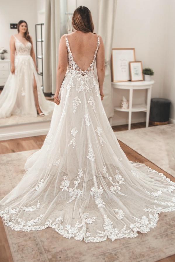 Chic White A-Line Spaghetti Strap V-Neck Sleeveless Long Tulle Split Front Wedding Dresses With Appliques