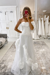 Chic White A-Line Strapless One-Shoulder Ruffles Sleeveless Long Tulle Wedding Dress