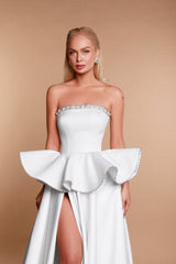 Chic White A-Line Strapless Sleeveless Beaded Long Satin Ruffle Wedding Dresses With High Slit