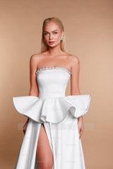 Chic White A-Line Strapless Sleeveless Beaded Long Satin Ruffle Wedding Dresses With High Slit
