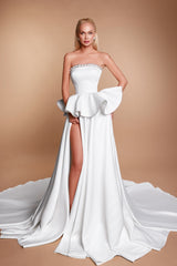 Chic White A-Line Strapless Sleeveless Beaded Long Satin Ruffle Wedding Dresses With High Slit