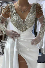Chic White A-Line V-Neck Sleeveless Beaded Front Slit Panel Train Satin Evening Dresses With Rhinestones