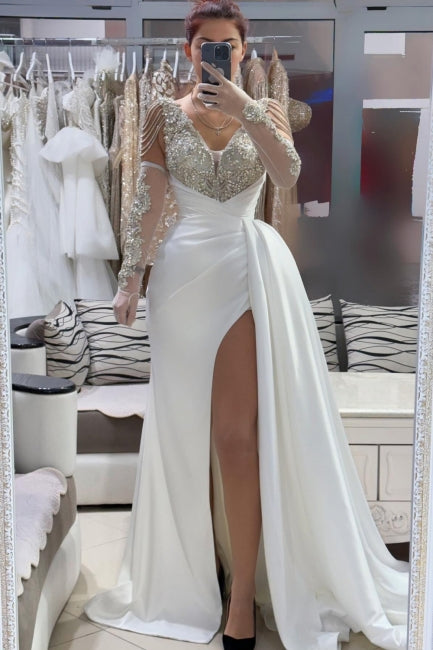 Chic White A-Line V-Neck Sleeveless Beaded Front Slit Panel Train Satin Evening Dresses With Rhinestones