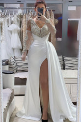 Chic White A-Line V-Neck Sleeveless Beaded Front Slit Panel Train Satin Evening Dresses With Rhinestones
