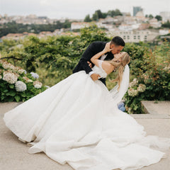 Chic White Ball Gown Sweetheart Off-The-Shoulder Sleeveless Beaded Cathedral Train Wedding Dress With Pearls