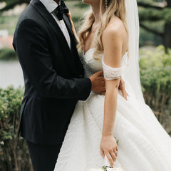 Chic White Ball Gown Sweetheart Off-The-Shoulder Sleeveless Beaded Cathedral Train Wedding Dress With Pearls
