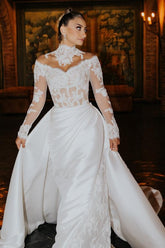 White high neck applique column wedding dress