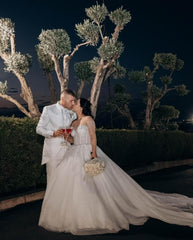 Chic White Crew A-Line Beaded Long Sleeves Ball Gown Cathedral Train Tulle Wedding Dresses With Rhinestones