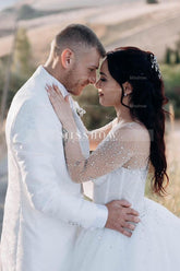 Chic White Crew A-Line Beaded Long Sleeves Ball Gown Cathedral Train Tulle Wedding Dresses With Rhinestones