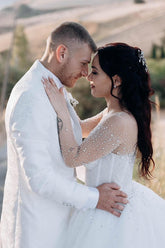 White scoop rhinestone ball gown wedding dress