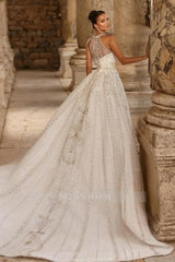 Chic White Halter A-Line Sleeveless Sequined Lace Ball Gown Long Tulle Wedding Dresses With Appliques