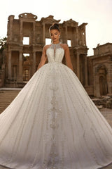 Chic White Halter A-Line Sleeveless Sequined Lace Ball Gown Long Tulle Wedding Dresses With Appliques