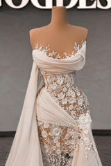 Chic White Lace Column Strapless Sleeveless Beaded Panel Train Chiffon Wedding Dresses With Pearls