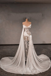 Chic White Lace Column Strapless Sleeveless Beaded Panel Train Chiffon Wedding Dresses With Pearls
