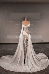 Chic White Lace Column Strapless Sleeveless Beaded Panel Train Chiffon Wedding Dresses With Pearls