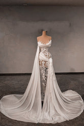 Chic White Lace Column Strapless Sleeveless Beaded Panel Train Chiffon Wedding Dresses With Pearls