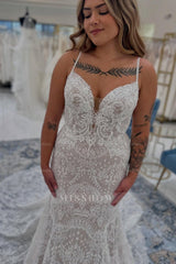 Chic White Lace Mermaid Boho Sweetheart Spaghetti Strap Sleeveless Cathedral Train Tulle Wedding Dresses