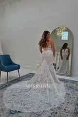 Chic White Lace Mermaid Boho Sweetheart Spaghetti Strap Sleeveless Cathedral Train Tulle Wedding Dresses