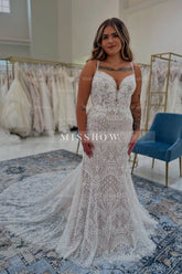 Chic White Lace Mermaid Boho Sweetheart Spaghetti Strap Sleeveless Cathedral Train Tulle Wedding Dresses