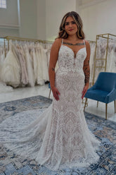 Chic White Lace Mermaid Boho Sweetheart Spaghetti Strap Sleeveless Cathedral Train Tulle Wedding Dresses