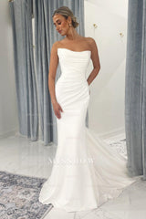 Chic White Lace Mermaid Sweetheart Strapless Sleeveless Cathedral Train Ruffle Satin Wedding Dresses