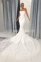 Chic White Lace Mermaid Sweetheart Strapless Sleeveless Cathedral Train Ruffle Satin Wedding Dresses