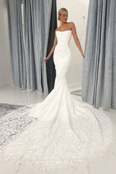 Chic White Lace Mermaid Sweetheart Strapless Sleeveless Cathedral Train Ruffle Satin Wedding Dresses